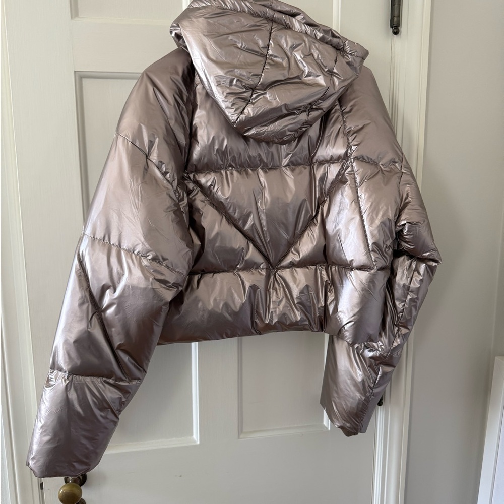 Metallic Taupe Puffer Jacket with Hood - Picture 2 of 4